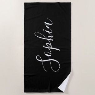 Personalize Name White Script Vertical, Black Beach Towel
