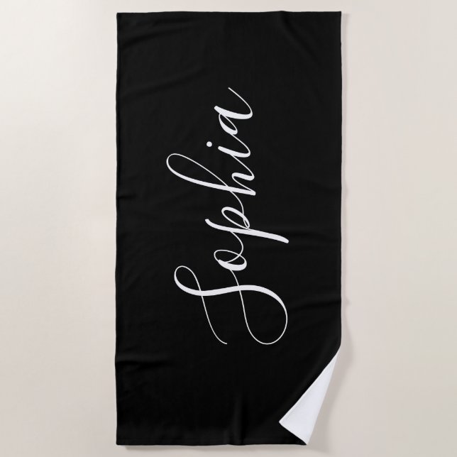 Personalize Name White Script Vertical, Black Beach Towel (Front)