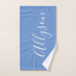 Personalize Name White Script Vertical, Blue Hand Towel<br><div class="desc">Personalize your Name vertically In white Script Text on Blue background. Click “Edit Using Design Tool” to change colors and type styles.</div>