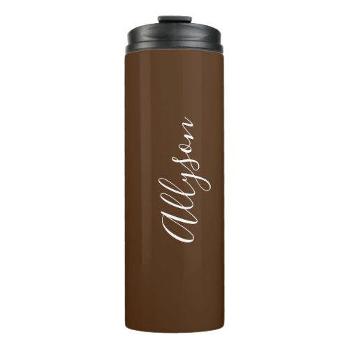 Personalize Name White Script Vertical Chocolate Thermal Tumbler