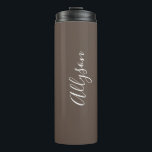 Personalize Name White Script Vertical, Chocolate Thermal Tumbler<br><div class="desc">Personalize your Name vertically In white Script Text on chocolate background. Click “Customize” to change colors and type styles.</div>