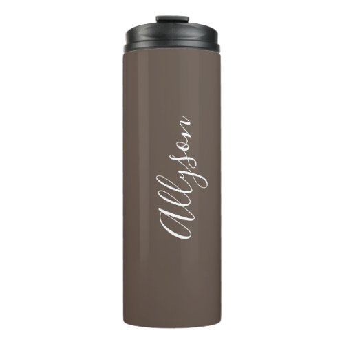 Personalize Name White Script Vertical Chocolate Thermal Tumbler