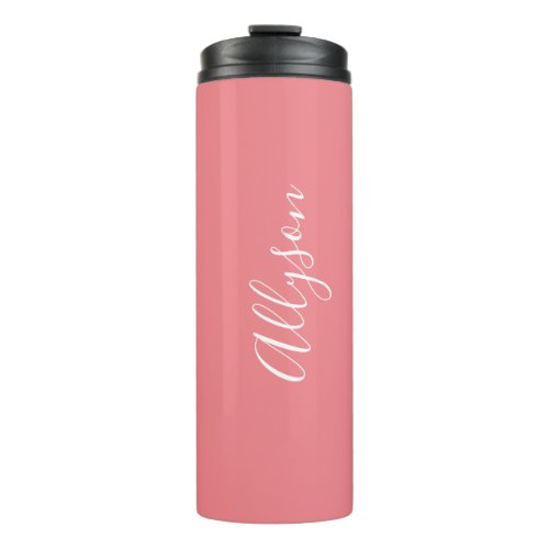 Personalize Name White Script Vertical Coral Thermal Tumbler