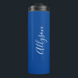 Personalize Name White Script Vertical, Deep Blue Thermal Tumbler<br><div class="desc">Personalize your Name vertically In white Script Text on Deep Blue background. Click “Edit Using Design Tool” to change colors and type styles.</div>