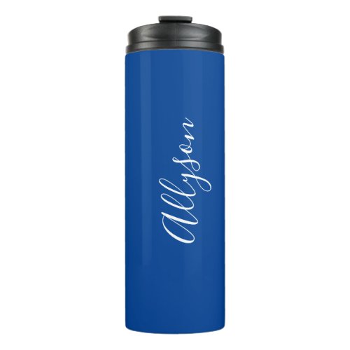 Personalize Name White Script Vertical Deep Blue Thermal Tumbler