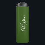 Personalize Name White Script Vertical ForestGreen Thermal Tumbler<br><div class="desc">Personalize your Name vertically In white Script Text on Forest Green background. Click “Customize” to change colors and type styles.</div>