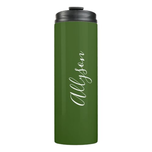 Personalize Name White Script Vertical ForestGreen Thermal Tumbler