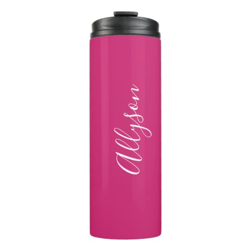 Personalize Name White Script Vertical Fuchsia Thermal Tumbler