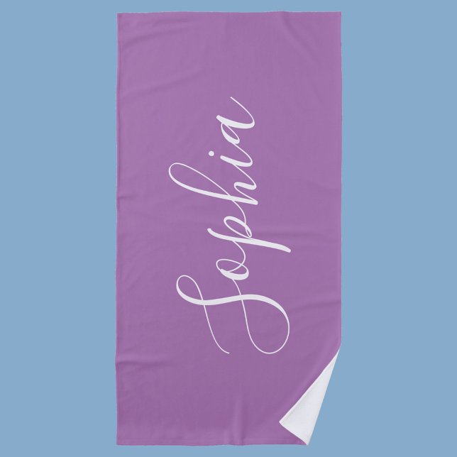 Personalize Name White Script Vertical, Lavender Beach Towel (Creator Uploaded)