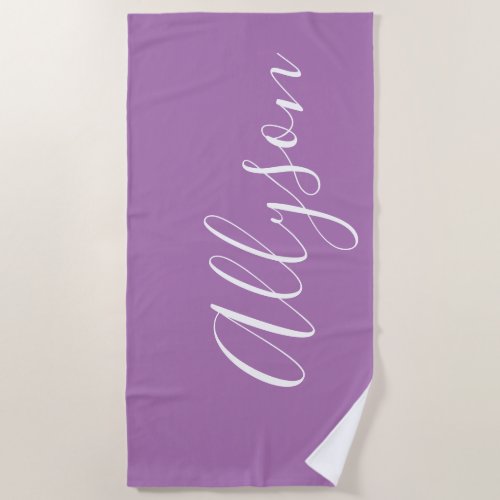 Personalize Name White Script Vertical Lavender Beach Towel