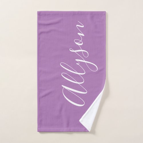 Personalize Name White Script Vertical Lavender Hand Towel