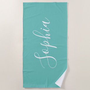 Personalize Name White Script Vertical, Light Teal Beach Towel