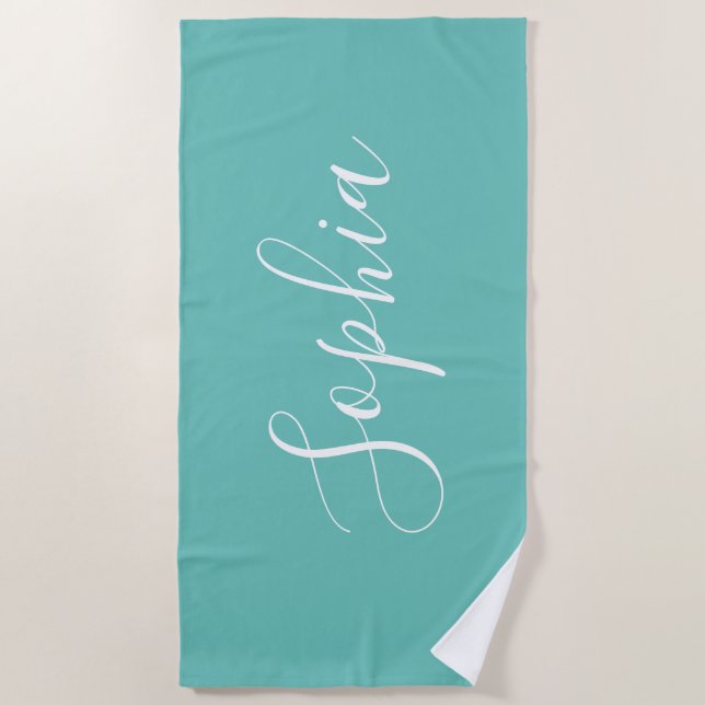 Personalize Name White Script Vertical, Light Teal Beach Towel (Front)