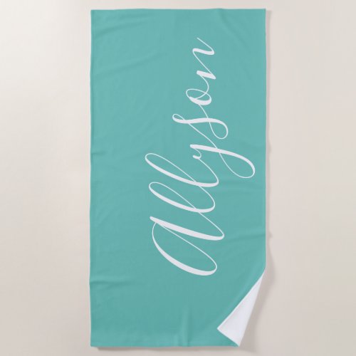Personalize Name White Script Vertical Light Teal Beach Towel