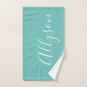 Personalize Name White Script Vertical, Light Teal Hand Towel