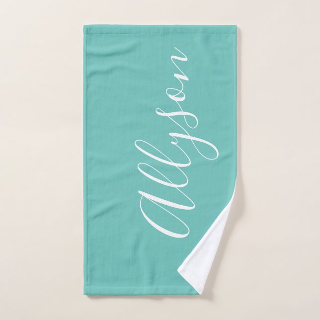 Personalize Name White Script Vertical, Light Teal Hand Towel (Hand Towel)