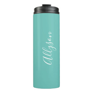 Personalize Name, White Script Vertical, Lt. Teal Thermal Tumbler