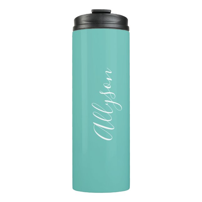 Personalize Name, White Script Vertical, Lt. Teal Thermal Tumbler (Front)