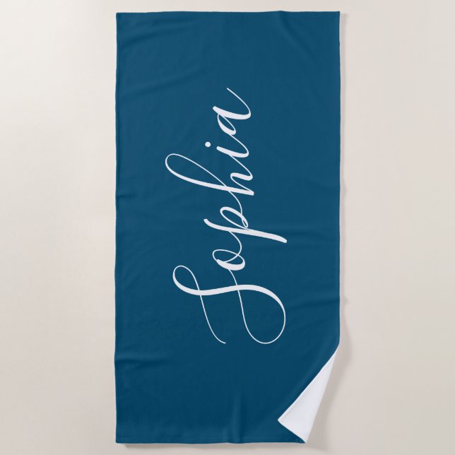 Personalize Name White Script Vertical, Ocean Blue Beach Towel (Front)
