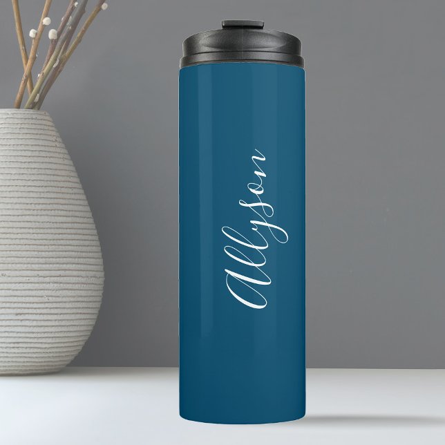 Personalize Name White Script Vertical Ocean Blue  Thermal Tumbler (Creator Uploaded)