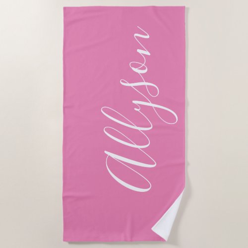 Personalize Name White Script Vertical Pink Beach Towel