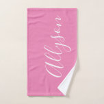 Personalize Name White Script Vertical, Pink Hand Towel<br><div class="desc">Personalize your Name vertically In white Script Text on Pink background. Click “Edit Using Design Tool” to change colors and type styles.</div>