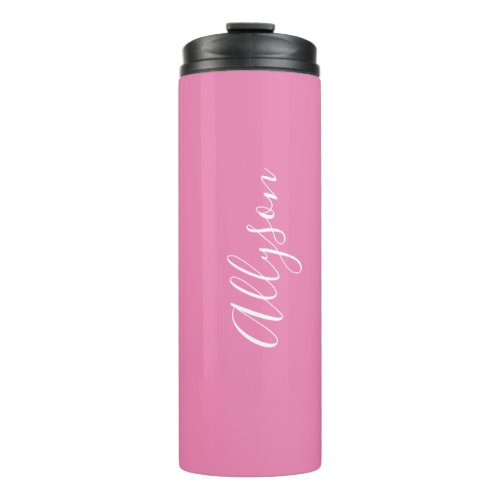 Personalize Name White Script Vertical Pink Thermal Tumbler