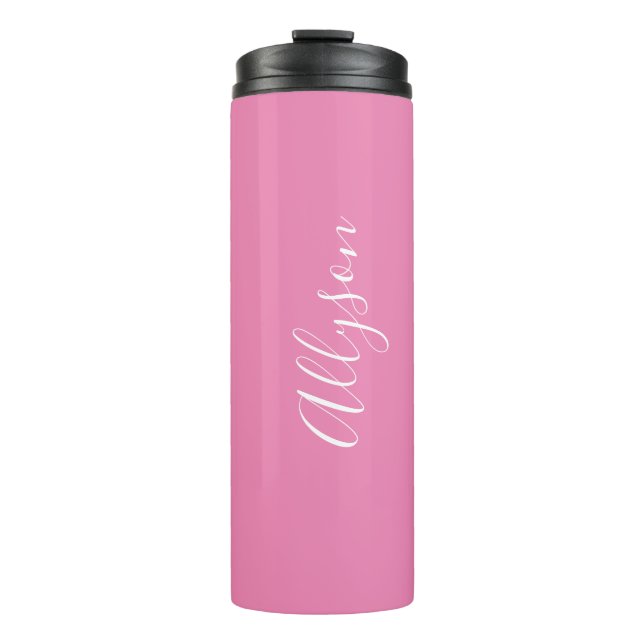 Personalize Name White Script Vertical, Pink Thermal Tumbler (Front)