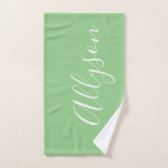 Personalize Name White Script Vertical, Sage Hand Towel<br><div class="desc">Personalize your Name vertically In white Script Text on sage background. Click “Edit Using Design Tool” to change colors and type styles.</div>