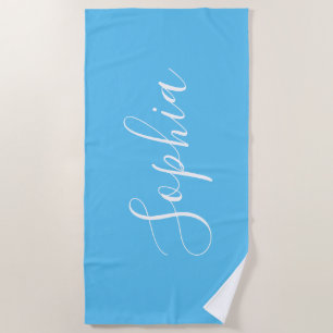 Personalize Name White Script Vertical, Sky Blue Beach Towel