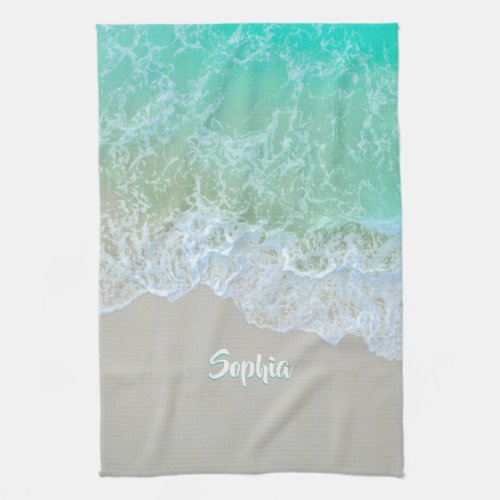 Personalize Name White  Teal Gentle Beach Waves Kitchen Towel