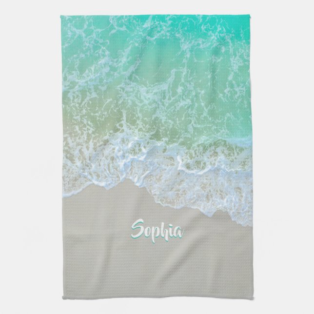 Personalize Name, White & Teal, Gentle Beach Waves Kitchen Towel (Vertical)