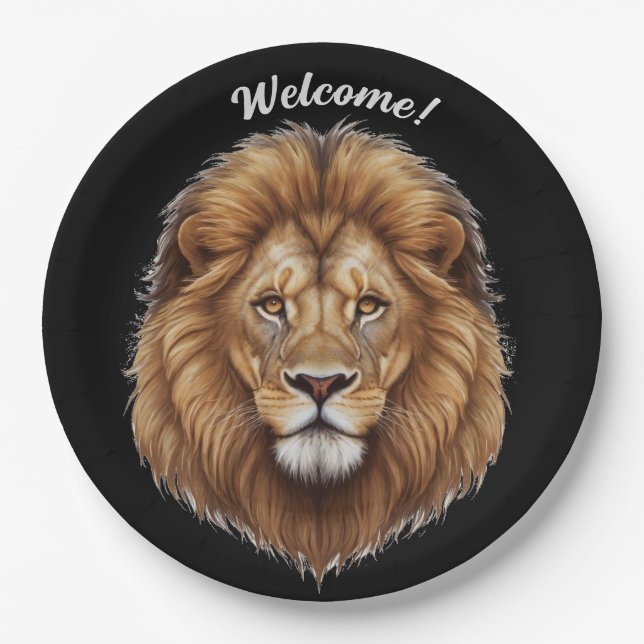 Personalize Name Wild Male Lion Striking Paper Plates (Front)