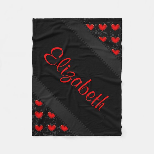 Personalize Name Womens Beautiful Red Black Heart Fleece Blanket (Front)