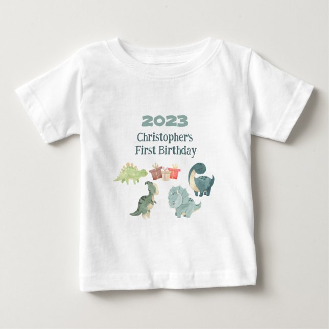 Personalize Name Year First Birthday Baby Dino T-Shirt (Front)