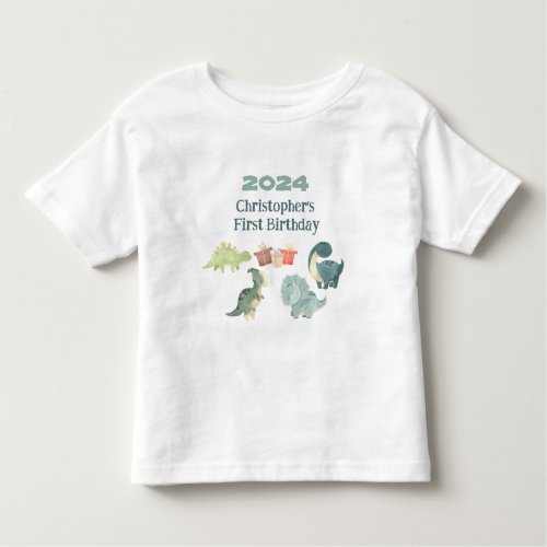 Personalize Name Year First Birthday Cute Dino Toddler T_shirt