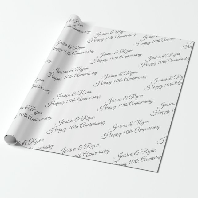 Personalize Names, Anniversary Year, Grey Script Wrapping Paper (Unrolled)