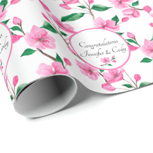 Personalize Names Cherry Blossoms Wedding Gift Wrapping Paper