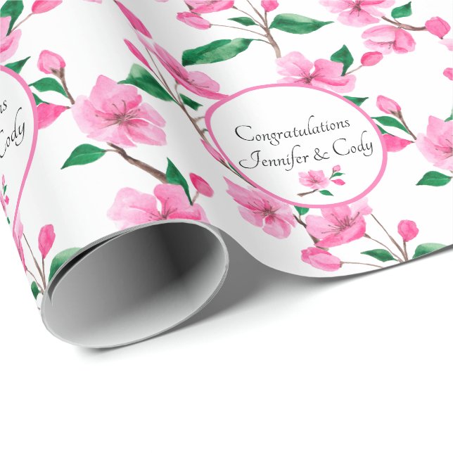 Personalize Names Cherry Blossoms Wedding Gift Wrapping Paper (Roll Corner)