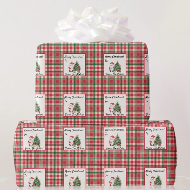 Personalize Names Christmas Red & Geen Plaid Santa Wrapping Paper (Creator Uploaded)