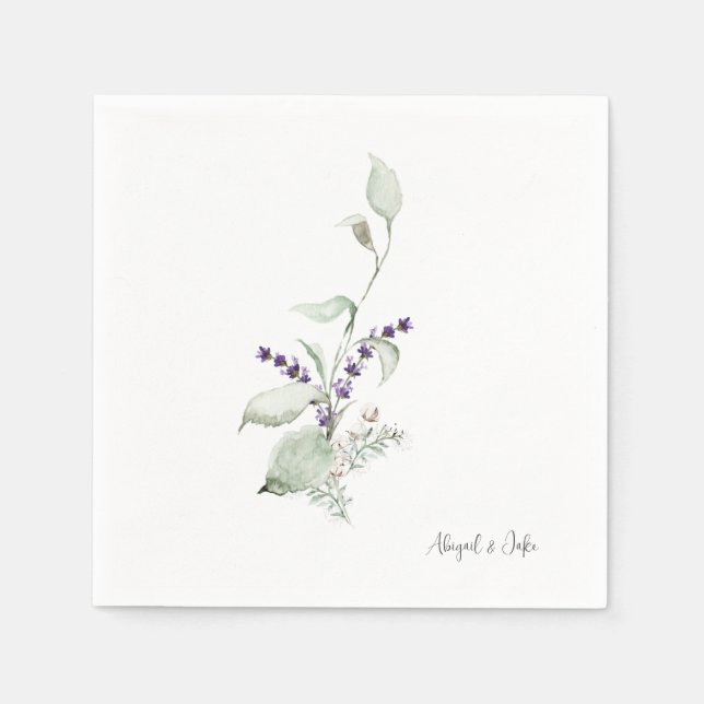 Personalize Names Foliage & Lavender Wedding Napkins (Front)
