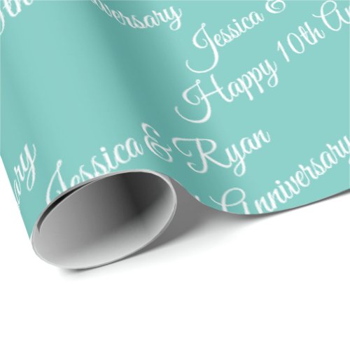 Personalize Names Happy Anniversary Light Teal Wrapping Paper