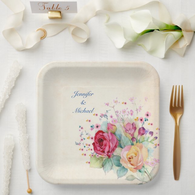 Personalize Names & Text Wedding Spray of Roses Paper Plates (Wedding)