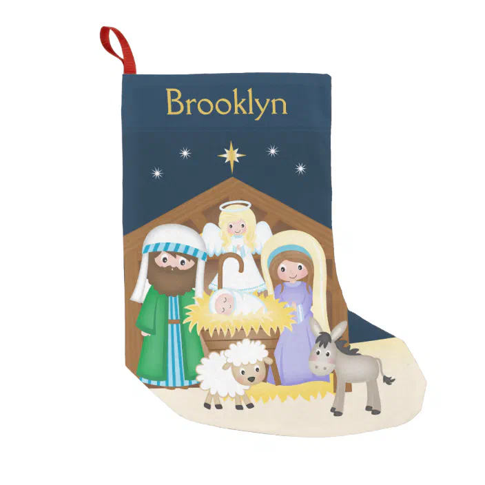 PERSONALISED Nativity scene religious Christmas Present Gift Sack Stocking