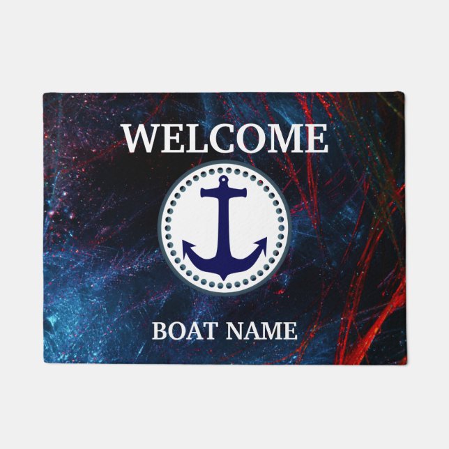 Personalize Nautical Blue Welcome Boat Name Stripe Doormat (Front)
