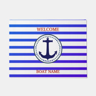 Personalize Nautical Blue Welcome Boat Name Stripe Doormat