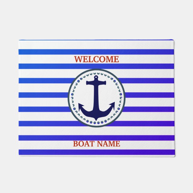 Personalize Nautical Blue Welcome Boat Name Stripe Doormat (Front)