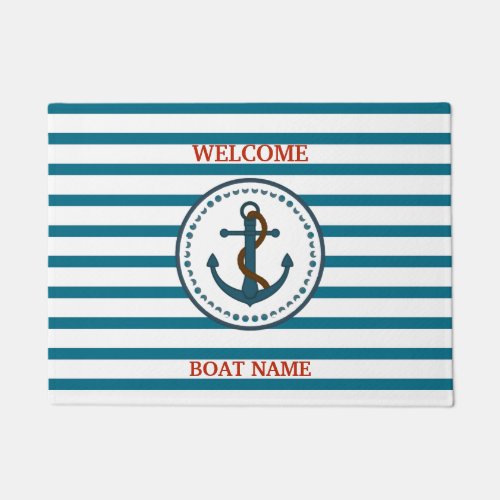 Personalize Nautical Blue Welcome Boat Name Stripe Doormat