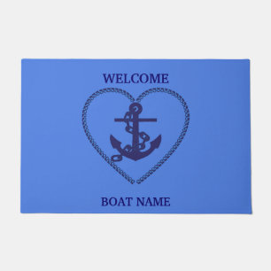 Personalize Nautical Blue Welcome Boat Name Stripe Doormat