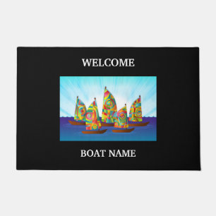 Personalize Nautical Blue Welcome Boat Name Stripe Doormat